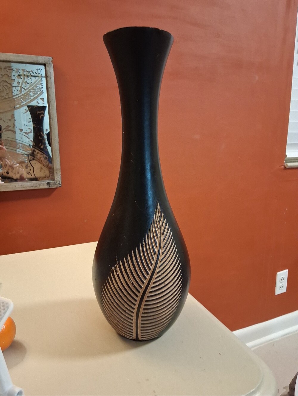 15" TALL BLACK CARVED WOODEN VASE